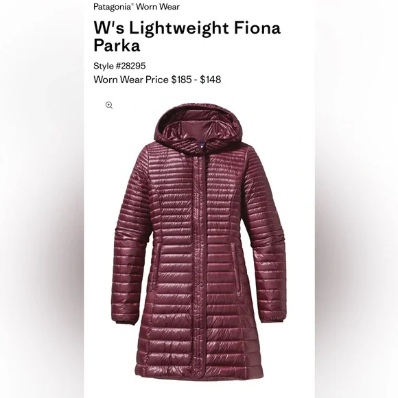 Patagonia Fiona long quilted down hooded jacket burgundy/dark current size small - Picture 2 of 11